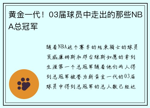 黄金一代！03届球员中走出的那些NBA总冠军